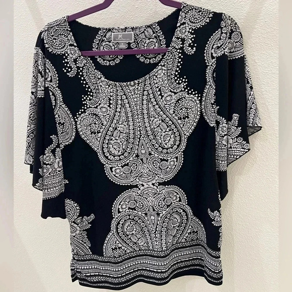 SMALL JM COLLECTION BLACK AND WHITE WITH RHINESTONES BOHO BLOUSE - Picture 1 of 8